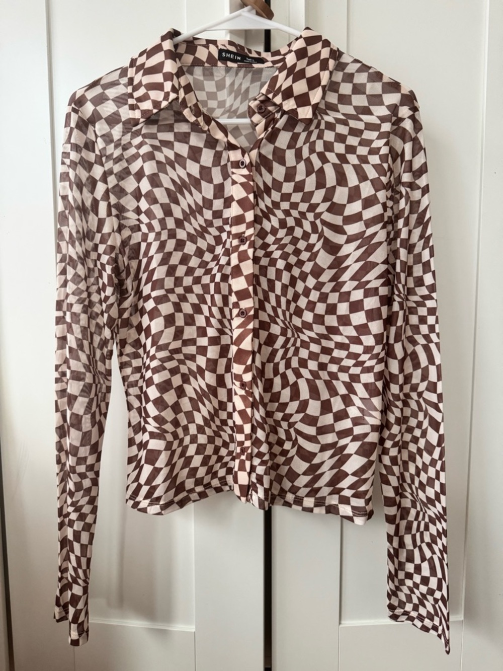 SHEIN Brown & Cream Optical-Check Long Sleeve Button-Down Shirt